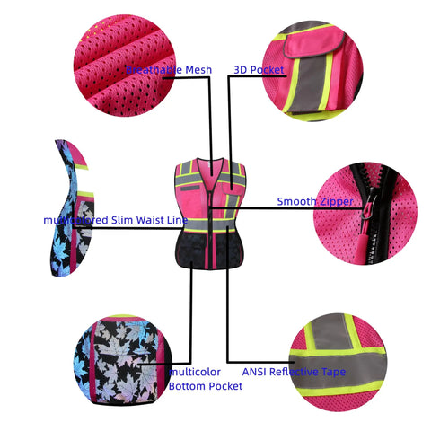 Women High Visibility Safety Vest Packing Nine Multi Pockets Sewn From Cool Breathable Mesh With Glowing Reflective Strips For Tough Job Sites Or Dusk Runs Built Different In Dope Rainbow Pink To Keep You Comfortable features breathable mesh, smooth zipper, 3D pocket, multicolored slim waist, and ANSI reflective tape.