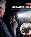 Person using a rechargeable LED flashlight with zoomable head and 180 degree swivel, demonstrating adjustable beam for versatile lighting.