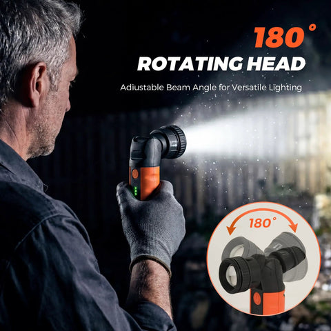 Person using a rechargeable LED flashlight with zoomable head and 180 degree swivel, demonstrating adjustable beam for versatile lighting.