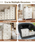 Premium Stackable Storage Bins With Smooth Rolling Wheels And Secure Snap Lids in living room, kitchen, bathroom, and car trunk.