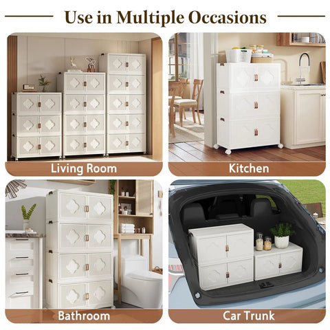 Premium Stackable Storage Bins With Smooth Rolling Wheels And Secure Snap Lids in living room, kitchen, bathroom, and car trunk.