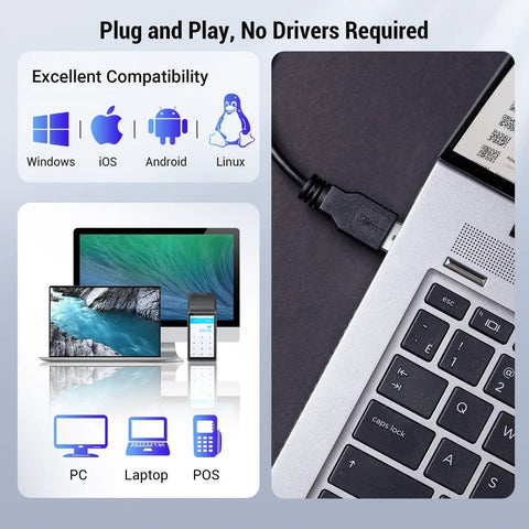 Compatibility and plug-and-play setup for Omnidirectional Barcode Scanner 360 Degree Hands Free USB Wired Reader on various devices.