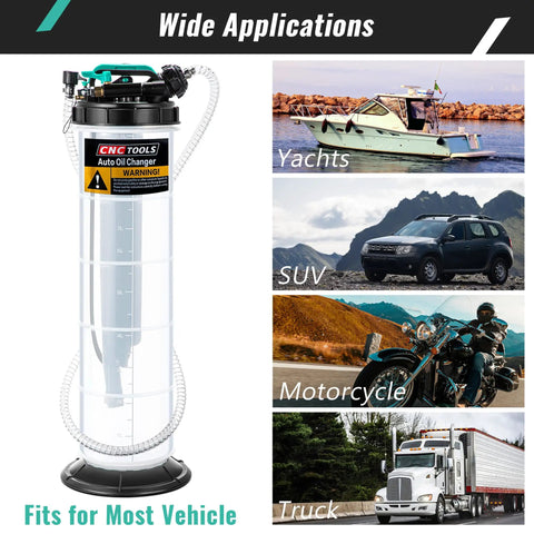 2.5 Gallon Oil Extractor Pump For Cars And Boats - Manual And Automatic Vacuum Extraction next to vehicle applications.
