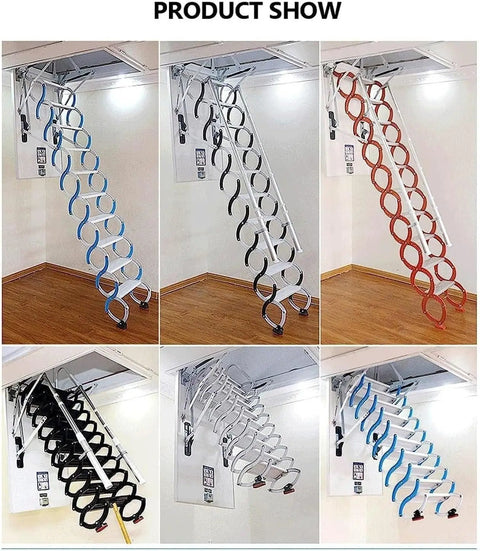 No Sweat Automatic Attic Pull Down Ladder With Rock Solid Telescopic Fold Design Heavy Duty Retractable Handrails And Remote Control For Quick Easy Loft Access 80X120 Cm displayed in various colors and designs.