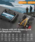 4K EIS Drone With Built In 4 Point 5 Inch Screen For Real Time FPV Long Range RC Quad Auto Return Circle Fly Follow Me Foldable With 2 Batteries For About 45 Minutes Of Flight Time Dope Gift For Beginners And Kids Under 249g with controller and mountain view.