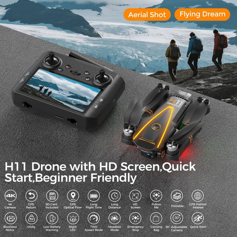 4K EIS Drone With Built In 4 Point 5 Inch Screen For Real Time FPV Long Range RC Quad Auto Return Circle Fly Follow Me Foldable With 2 Batteries For About 45 Minutes Of Flight Time Dope Gift For Beginners And Kids Under 249g with controller and mountain view.