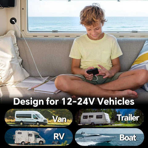 Heavy Duty 78W Triple Port Car Charger Socket Featuring Dual Usb C Fast Charge Plus Single Usb A Plug in RV with child using a phone.
