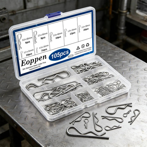 105 Piece Cotter Pin Assortment Kit In 304 Stainless Steel With Seven Sizes R Clips and Cotter Pins in Open Storage Case