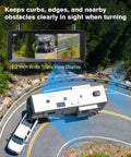 RV on curving road using Wireless RV Backup Camera System With 7.2 Inch HD Monitor Triple Split View IR Night Vision DVR Recording