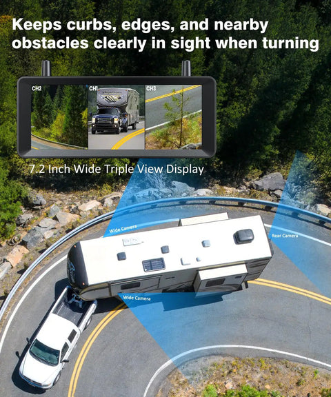 RV on curving road using Wireless RV Backup Camera System With 7.2 Inch HD Monitor Triple Split View IR Night Vision DVR Recording