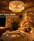 FUMLTP Boho Caged Ceiling Fans with Lights, Remote Control, Flush Mount illuminating a cozy bedroom with soft lighting.
