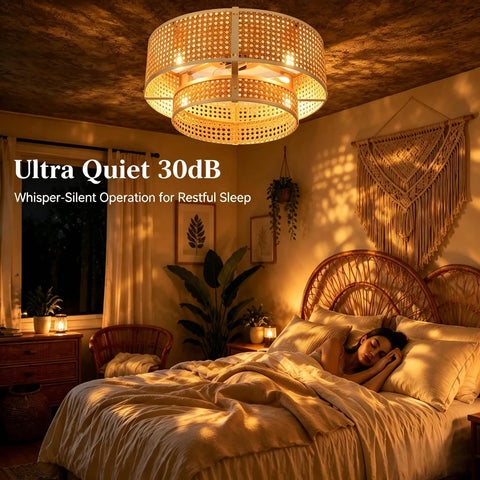 FUMLTP Boho Caged Ceiling Fans with Lights, Remote Control, Flush Mount illuminating a cozy bedroom with soft lighting.