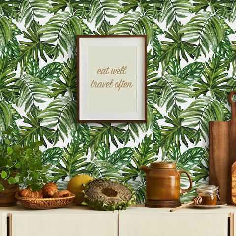 Room with Tropical Peel And Stick Wallpaper Jungle Palm Leaf Green Vinyl Wall Covering, wooden kitchen decor items visible