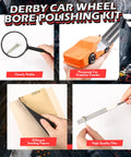 Pinewood Derby Car Polishing Kit with graphite powder, magnifying glass, sanding papers, flat file, enhancing car speed performance.