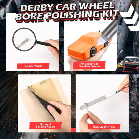 Pinewood Derby Car Polishing Kit with graphite powder, magnifying glass, sanding papers, flat file, enhancing car speed performance.