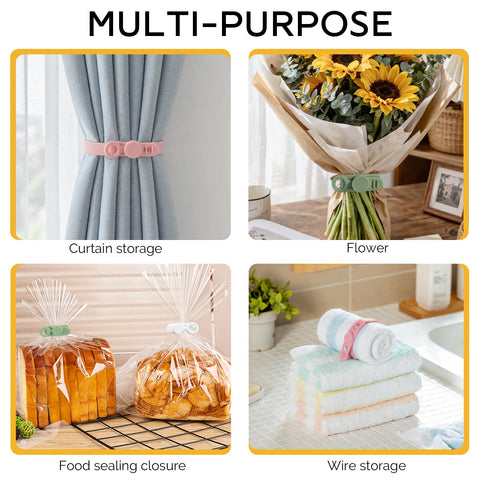 Game Changing Stretchy Silicone Cable Ties With Lock Buckle For Cord Organization And Management Elastic Cable Wraps shown in multipurpose use scenarios, wrapping curtains, flowers, bread bags, and towels.