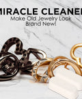 Miracle Cleaner for jewelry restoration, showing various gold and silver rings, featuring white cleaning compound sticks.