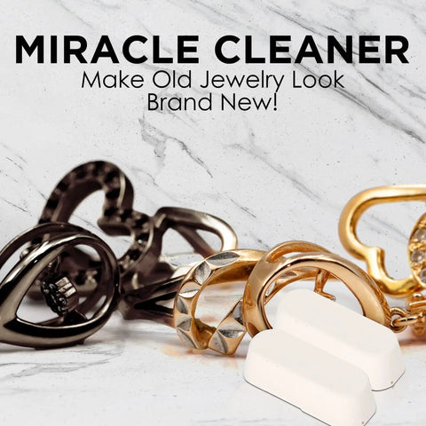 Miracle Cleaner for jewelry restoration, showing various gold and silver rings, featuring white cleaning compound sticks.