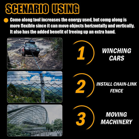 Usage scenarios for 2 Ton Come Along Cable Winch Puller Heavy Duty Hand Puller With 2 Hooks 4400 Lbs Rated Capacity.