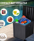 Rugged Outdoor Deck Box 51 Gallon Storage Chest For Patio And Porch, Weatherproof grey plastic bin holding pool gear