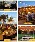 Various setups of 262Ft Outdoor G40 LED String Lights Waterproof Patio Lights Connectable UL Listed With 148 Shatterproof Plastic Bulbs