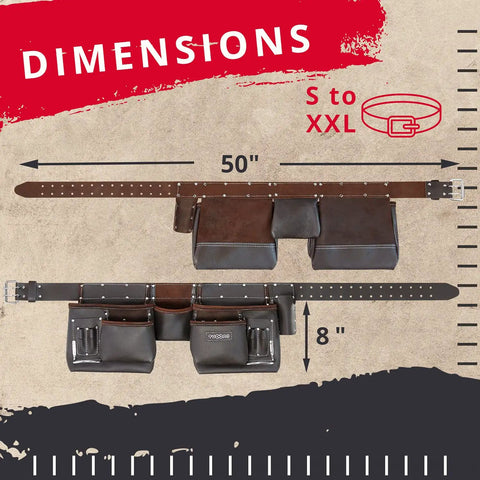 Dimensions of 12 Pocket Oil Tanned Leather Tool Belt for Builders and DIYers showing length 50 inches, fits S to XXL.