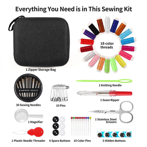 All In One Travel Sewing Kit for Beginners and Adults with scissors, 18 thread colors, 30 needles, buttons, and more