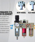 All In One 3/4 Inch NPT Industrial Air Compressor Dryer showing upgraded filter element with new model versus old model comparison
