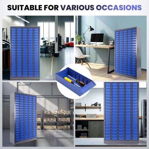 Heavy Duty 100-Drawer Small Parts Storage Cabinet With Removable ABS Drawers, Dividers And Labels, 26 By 9 By 46 Inch Bolt Bin Organizer For Garage And Workshop Use, Laser Welded Galvanized Steel Frame For A True Workhorse Build in various settings.