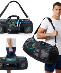Man holding 130L Mesh Duffle Bag for Water Sports Gear with Wide Opening and Shoulder Straps, shown with scuba gear inside.