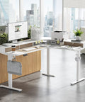 Premium FEZIBO Triple Motor L Shaped Electric Standing Desk 63 Inches Wide Corner Gaming Workstation With Three Storage Drawers in white.