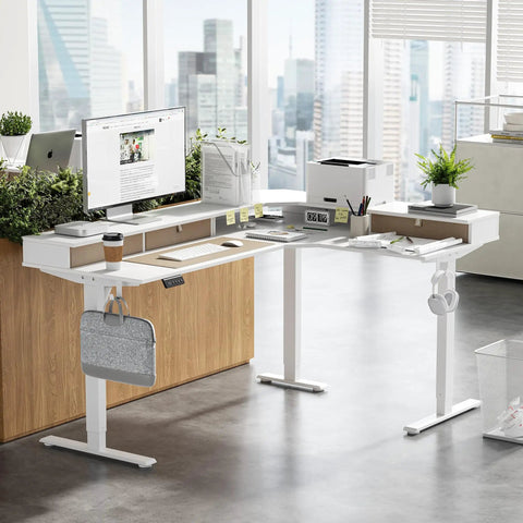 Premium FEZIBO Triple Motor L Shaped Electric Standing Desk 63 Inches Wide Corner Gaming Workstation With Three Storage Drawers in white.