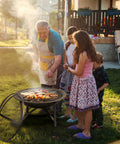 Family grilling on Outdoor Wood Burning Fire Pit With Cooking Grate Spark Screen Cover Log Grate And Poker For Camping Beach Bonfires