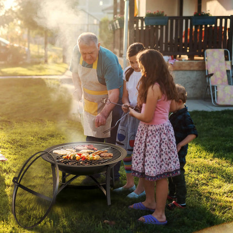Family grilling on Outdoor Wood Burning Fire Pit With Cooking Grate Spark Screen Cover Log Grate And Poker For Camping Beach Bonfires