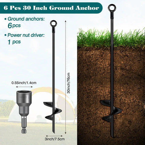 Image of Six Pack 30 Inch Auger Earth Shed Anchor Kit with Spiral Blade, showing a single black auger anchor in landscape