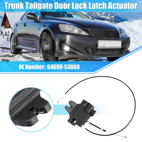 Rear Trunk Latch Lock Actuator Motor 64600-53060 for Lexus IS F IS250 IS350 2006-2013 shown with vehicle and detail view.