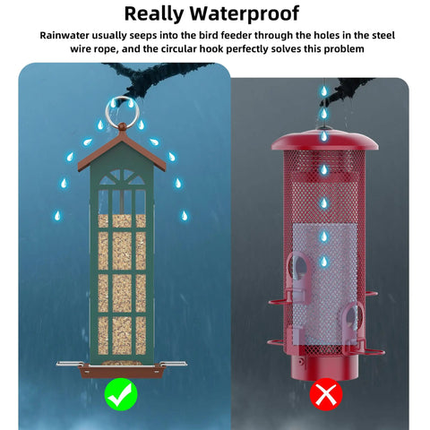 Comparison of a waterproof metal bird feeder with a stable hook vs another feeder. Durable Metal Wild Bird Feeder For Outdoors Hangin.