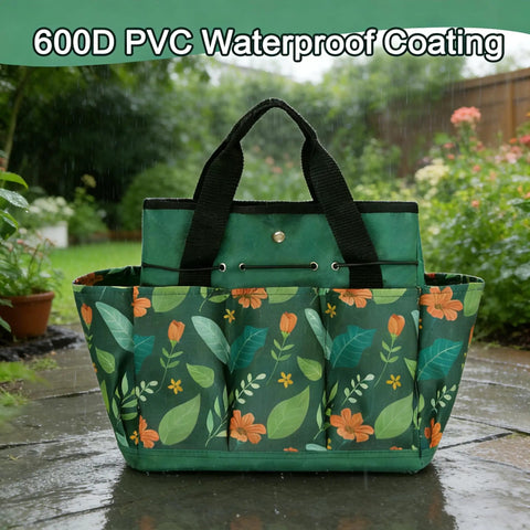 Waterproof Garden Tool Bag With 8 Side Pockets And Big Main Compartment, Durable 600D Oxford Tote for wet gardening on patio.