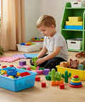 Child playing with toys in colorful Large Stackable Plastic Storage Bins For Home And Classroom Organization, 15 By 11.5 Inch Toy Baskets