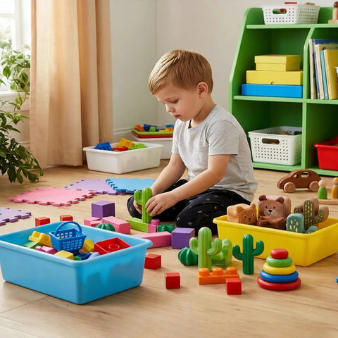 Child playing with toys in colorful Large Stackable Plastic Storage Bins For Home And Classroom Organization, 15 By 11.5 Inch Toy Baskets