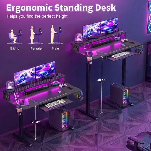 Level Up Your Gaming Space With This Electric Standing Desk That Offers Smooth Height Adjustment Customizable Rgb Lighting And Fast Usb Charging For Cool Setups - ergonomic design with dual monitors and RGB lighting.