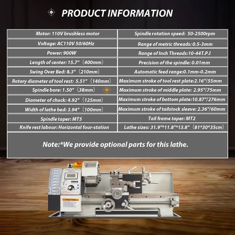 Badass Mini Metal Lathe Benchtop Table Tool 8X16 Inch Capacity 900W Brushless Motor specifications and product information chart.
