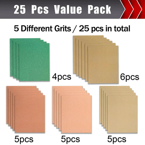 Sandpaper Set 25 Pcs Assortment, 5 Sheets Each Of Grit 80 120 150 220 320, 9 By 11 Inch Sheets, for woodworking and metal use.