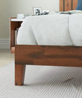 Close-up of King Size Solid Wood Platform Bed Frame With Antique Espresso Finish showing sturdy slats and legs.