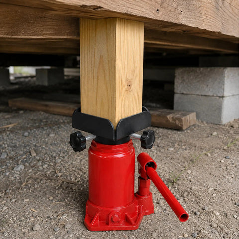 Heavy Duty Bottle Jack Adapter with Jack Plate, Pad and Stand Adapter for stable lifts on 4x4 wood posts, installed.