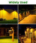 Solar Fence Lights Waterproof Outdoor Gutter Lights With Two Installation Methods For Deck Garden Porch Garage Wall Patio Backyard Warm White 6 Pack No Fuss Setup illuminating fence, deck, mailbox, house at night.