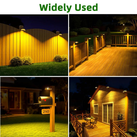 Solar Fence Lights Waterproof Outdoor Gutter Lights With Two Installation Methods For Deck Garden Porch Garage Wall Patio Backyard Warm White 6 Pack No Fuss Setup illuminating fence, deck, mailbox, house at night.