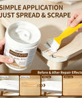 Premium White Wood Filler For Furniture Repair Heavy Duty Blend in a tub with application on a damaged wood surface.