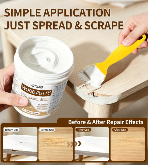 Premium White Wood Filler For Furniture Repair Heavy Duty Blend in a tub with application on a damaged wood surface.