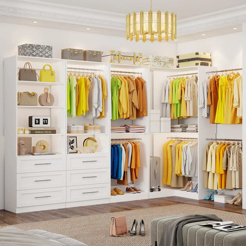 Dope Modular Closet Organization System With Six Drawers Adjustable Shelves And Nine Hanging Rods Super Clean L Shape Corner Storage Unit Top Tier White Wood Setup For Walk In Rooms That Gonna Fit Perfectly
